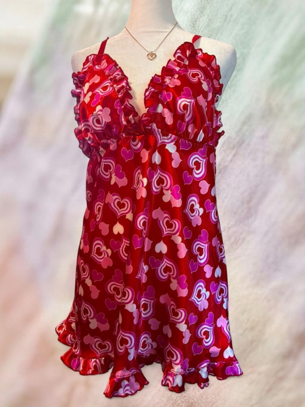Seductive Wear by Cinema Etoile Red Satin Heart-Print Ruffle Slip Dress Size med